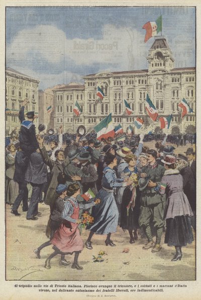イタリアのトリエステの通りの暴動 作： Achille Beltrame