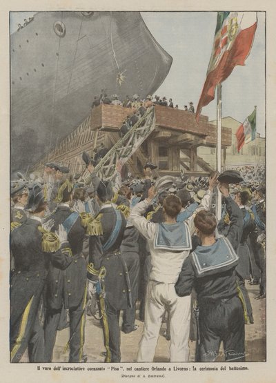 洗礼式、リボルノのオーランド造船所での装甲巡洋艦ピサの打ち上げ 作： Achille Beltrame