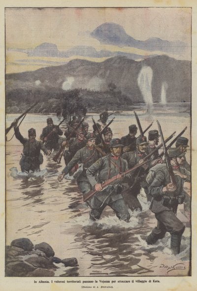 アルバニアでは、勇敢な領土がヴォジュッサを通過してクタの村を攻撃します 作： Achille Beltrame