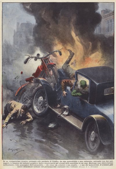ロンドン郊外で起こったバイクとバイクの暴力衝突？ 作： Achille Beltrame