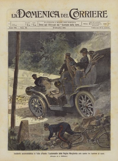 アオスタ渓谷での自動車事故、マルゲリータ女王の車が3つの石垣に衝突 作： Achille Beltrame