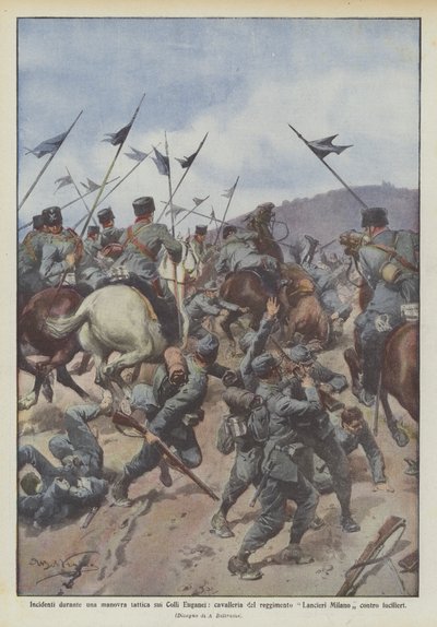 ライフルマンに対するLancieri Milano連隊の騎兵、Euganean Hillsでの戦術的操縦中の事故 作： Achille Beltrame