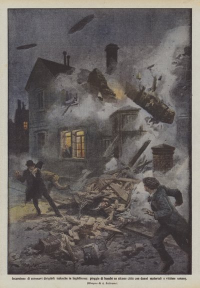 ドイツへのドイツの飛行船の侵入、いくつかの都市での爆弾の雨？ 作： Achille Beltrame