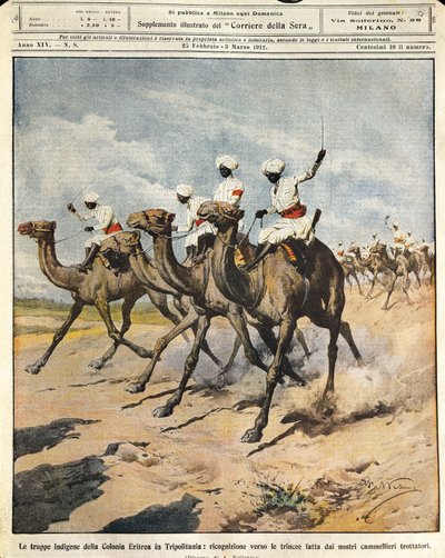 トリポリタニアのエリトリア植民地の先住民の軍隊、イラストレーターのAchille Beltrame（1871-1945）、1912年2月25日のLa Domenica del Corriereより。 作： Achille Beltrame
