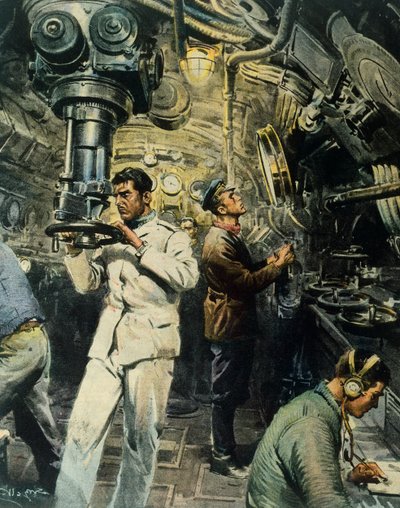 潜水艦の内部（Achille Beltrame（1871-1945）作、12月28日付「La Domenica del Corriere」掲載のイラスト 作： Achille Beltrame