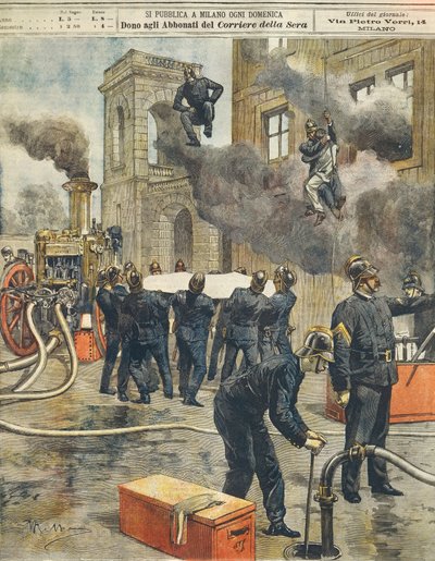 ミラノのアレーナで行われたイタリア消防士の会議とデモ、Achille Beltrame（1871-1945）によるもの、1899年9月24日のLa Domenica del Corriereより。 作： Achille Beltrame