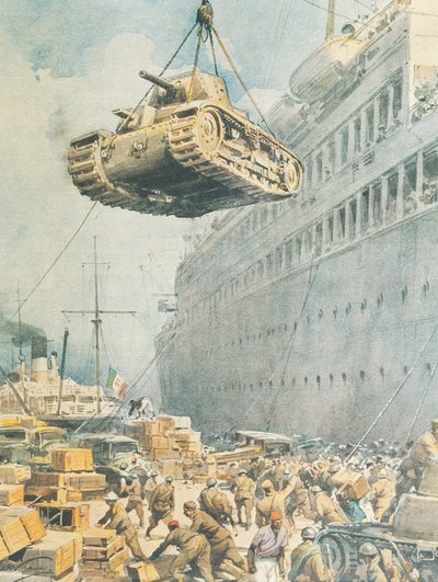 リビアで目的地に到着したイタリアの護衛艦（イラスト：Achille Beltrame（1871-1945）、「ラ・ドメニカ・デル・コリエール」より 作： Achille Beltrame