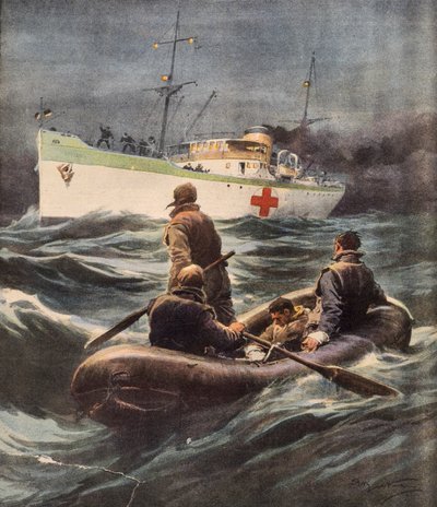 撃墜された4人のドイツ人飛行士を救出するイタリアの病院船、Achille Beltrame（1871-1945）作、2月23日付「La Domenica del Corriere」のイラスト。 作： Achille Beltrame