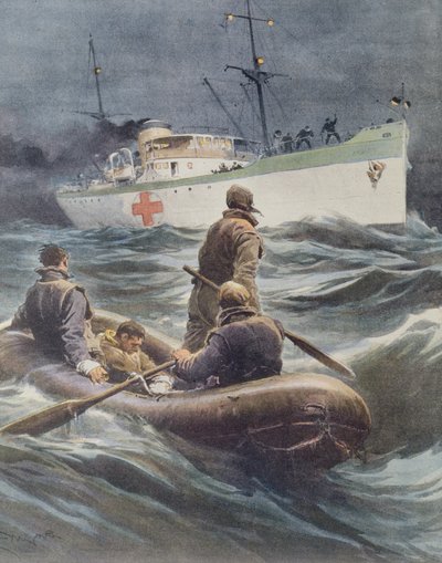 負傷者を乗せたイタリアの病院船（イラスト：Achille Beltrame、イラストレーター：Achille Beltrame（1871-1945）、1941年3月23日のLa Domenica del Corriereより）。 作： Achille Beltrame
