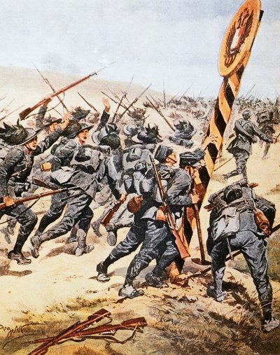 オーストリアの国境を越えるイタリア兵、Achille Beltrame（1871-1945）作、1915年6月のLa Domenica del Corriereに掲載されたイラスト。 作： Achille Beltrame