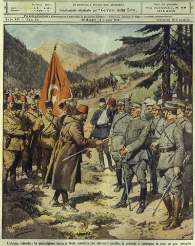 イタリア・トルコ・リビア戦争（1911-1912）、5月26日、トルコ軍がロードス島でイタリアのアメリオ将軍に降伏し、武器を放棄する。 作： Achille Beltrame