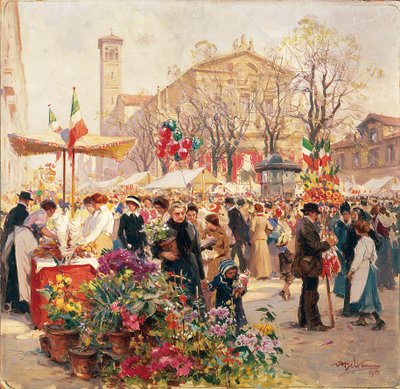 イタリア、ミラノ、サンタンジェロ広場のフラワーショー（アキレ・ベルトラーメ作）、絵画 作： Achille Beltrame