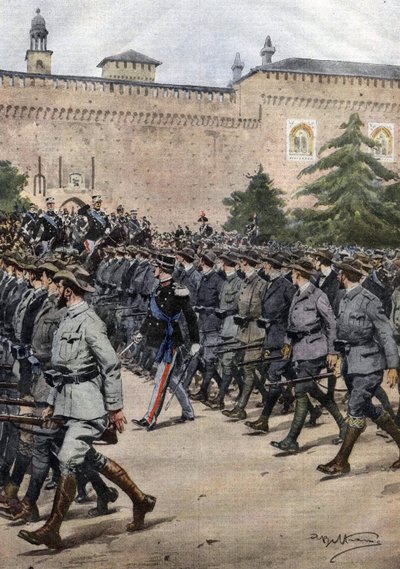 イタリアの新しい民兵：11月11日にミラノで行われた軍事パレードでの私服のボランティア。イラストはベルトラメ。La Domenica del Corriere.11/1914. 作： Achille Beltrame