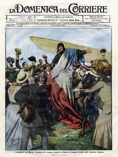 1910年、カナダに到着したジャック・ドゥ・レセップス（1883-1927）。7月24日付「Domenica del Corriere」に掲載されたAchille Beltrameのイラスト。 作： Achille Beltrame