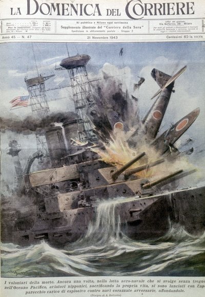 敵艦で爆発する日本の特攻機-「ラ・ドメニカ・デル・コリエール」1943年11月21日付（リトグラフ 作： Achille Beltrame