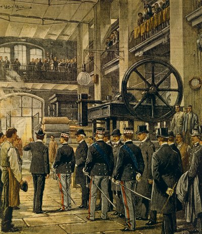 ミラノの工場を視察する国王ヴィットリオ・エマヌエーレ3世、Achille Beltrame（1871-1945）作、1905年10月8日のLa Domenica del Corriereより。 作： Achille Beltrame