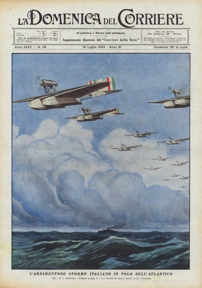 大西洋上空を飛ぶ大胆なイタリア人の群れ 作： Achille Beltrame