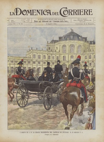 6月25日米国のストゥピニジ城でのSM女王マルゲリータの到着 作： Achille Beltrame