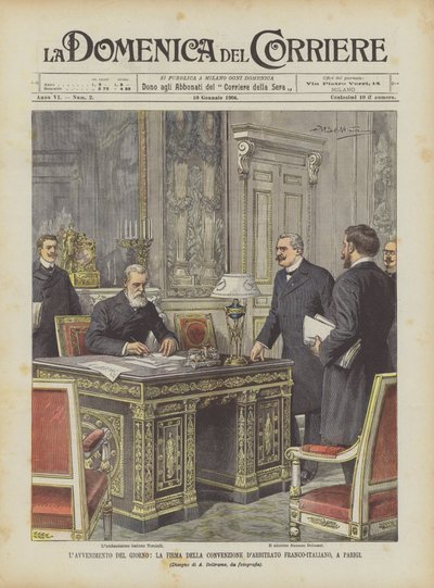 今日の出来事、パリでの日仏仲裁条約の調印 作： Achille Beltrame