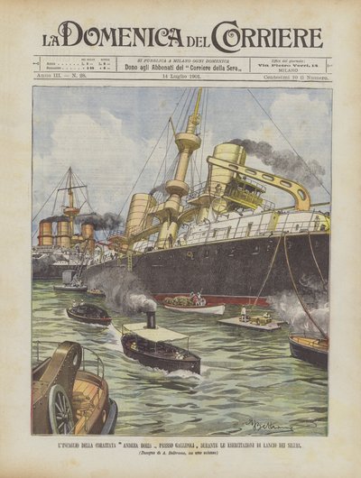 ガリポリの戦艦アンドレアドリアのインカリオ、魚雷発射演習中 作： Achille Beltrame