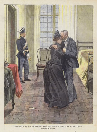 7月1日の朝にレンヌ刑務所で妻とドレイファス大尉の会談 作： Achille Beltrame
