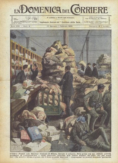 ストライキ中のミラノ中央駅の郵便局 作： Achille Beltrame
