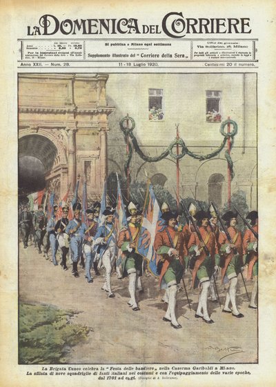 クーネオ旅団がミラノのガリバルディ兵舎で旗祭りを祝う 作： Achille Beltrame