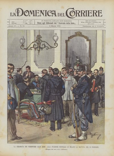 2月25日の朝にミラノ中央駅で鉄道員の武器への呼び出し 作： Achille Beltrame