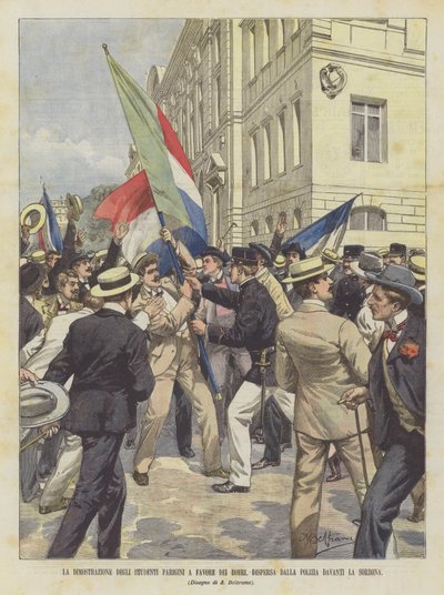 ソルボンヌの前で警察によって分散されたボーア派を支持するパリの学生のデモ 作： Achille Beltrame