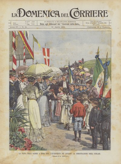 主権者の介入によるローマの木の祭り、小学生のデモ 作： Achille Beltrame