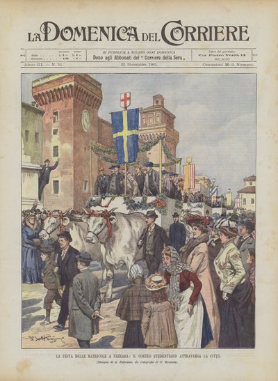 フェラーラの新入生の饗宴、学生の行列は都市を横切る 作： Achille Beltrame