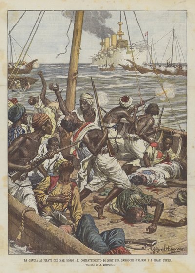 紅海の海賊へのガチャ、イタリアのエルダーベリーと海賊自身の間のミディの戦い 作： Achille Beltrame