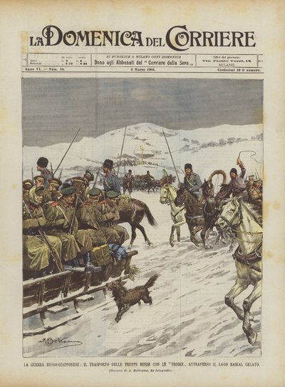 日露戦争、凍ったバイカル湖を通過するロシアの兵士の部隊による輸送 作： Achille Beltrame