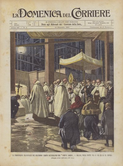 ミラノのコーパスドミニの壮大な地下寺院の最初の行列？ 作： Achille Beltrame