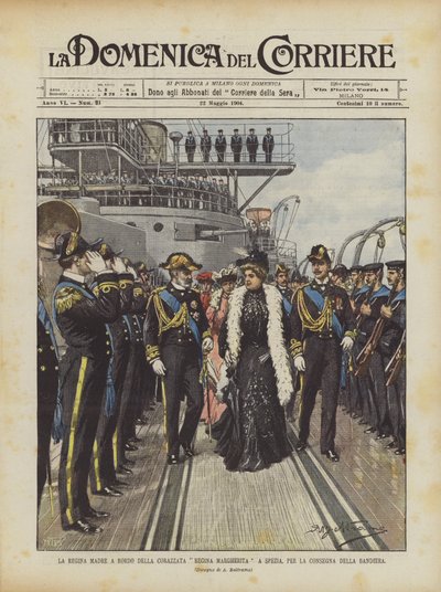 旗の配達のためにスパイスで戦艦レジーナ・マルゲリータに乗っている女王の母 作： Achille Beltrame