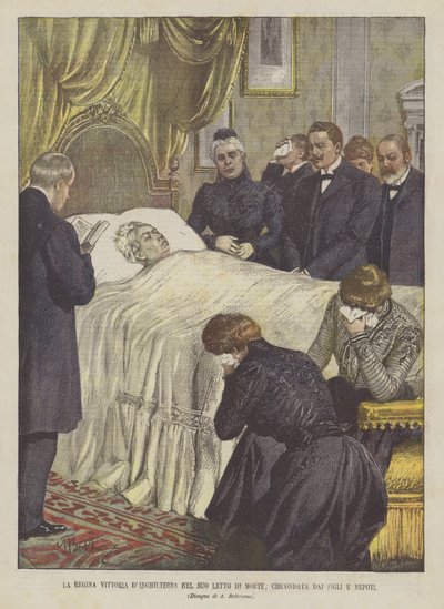 イングランドのビクトリア女王、子供とネポットに囲まれた彼女の死のベッドで 作： Achille Beltrame