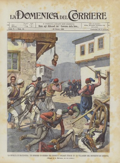 マケドニアの蜂起、反乱軍とトルコの兵士の間の村での戦争エピソード？ 作： Achille Beltrame
