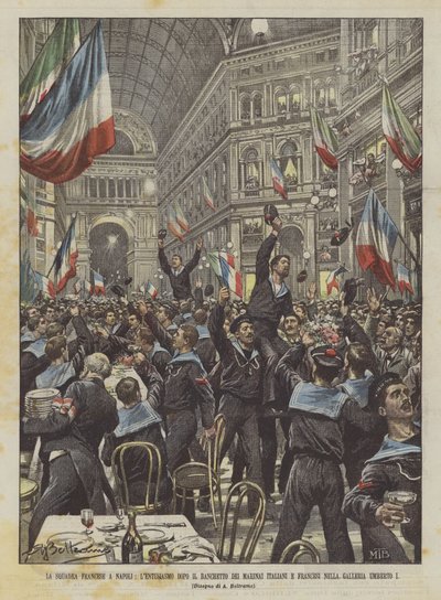 ナポリのフランスのチーム、イタリアとフランスの船員の宴会の後の熱意は？ 作： Achille Beltrame