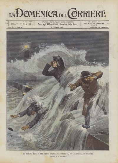 ビアリッツのビーチでの3人の気が散る劇的な俳優の悲劇的な終わり 作： Achille Beltrame