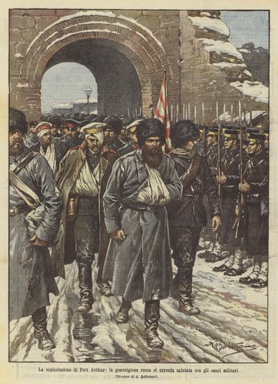 ロシアの駐屯軍降伏軍、ポートアーサーの降伏、軍の栄誉で挨拶 作： Achille Beltrame