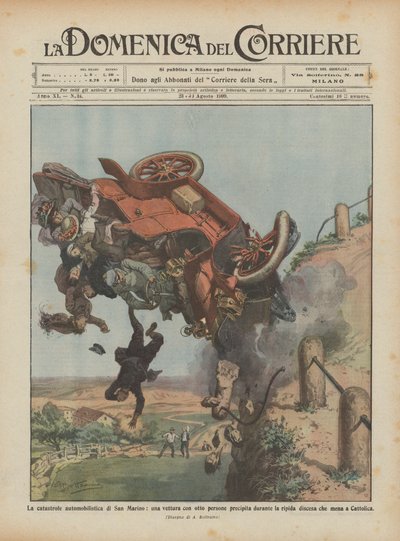サンマリノの車の大惨事、8人乗りの車がクラッシュする？ 作： Achille Beltrame