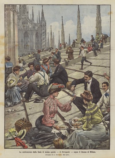 ミラノ大聖堂の上にある8月中旬の祝祭、フェラゴストの祭典 作： Achille Beltrame