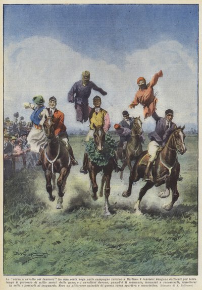 ベルリン周辺の田舎では、人形を使った乗馬が流行しています 作： Achille Beltrame
