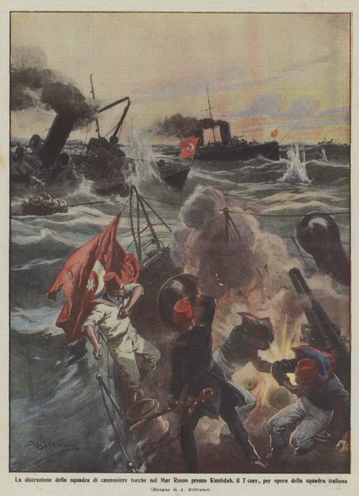 第7コアのクンフィダー近くの紅海にあるトルコの砲艦チームの破壊。 作： Achille Beltrame
