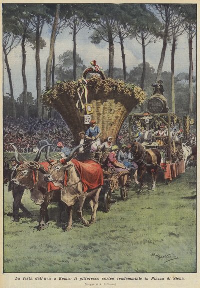 ローマのぶどう祭り、シエナ広場の美しい収穫行列 作： Achille Beltrame