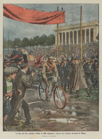 イタリアの3000 kmサイクルツアーの終了、ミラノアリーナでの優勝者の到着 作： Achille Beltrame