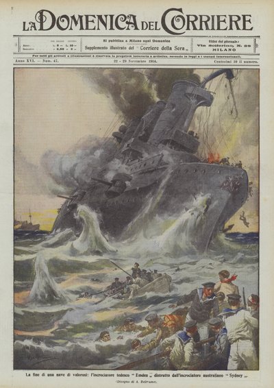 オーストラリアの巡洋艦シドニーによって破壊された勇敢な船の終わり、ドイツの巡洋艦エムデン 作： Achille Beltrame