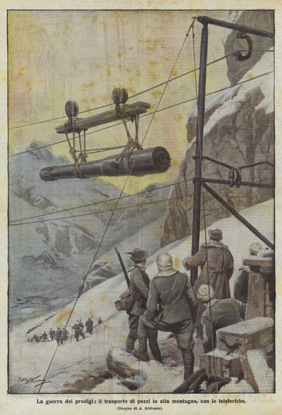 驚異の戦争、高山での作品の輸送、索道 作： Achille Beltrame