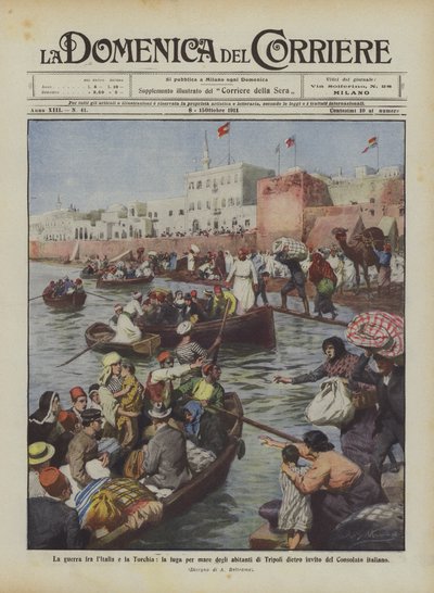 イタリアとトルコの間の戦争、招待されたトリポリの住民の海による脱出？ 作： Achille Beltrame