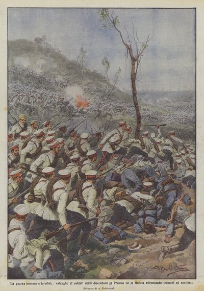 巨大で恐ろしい戦争、ロシアの兵士の雪崩はプロイセンとガリシアに降下しますか？ 作： Achille Beltrame
